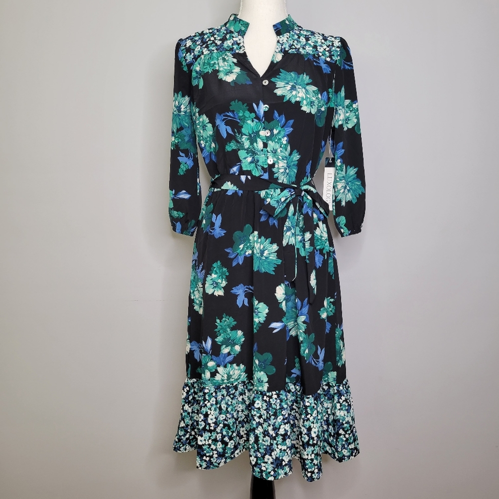 Luxology Floral Dress, Black, Blue, & Green, 3/4 Sleeve, Small, New With Tags
